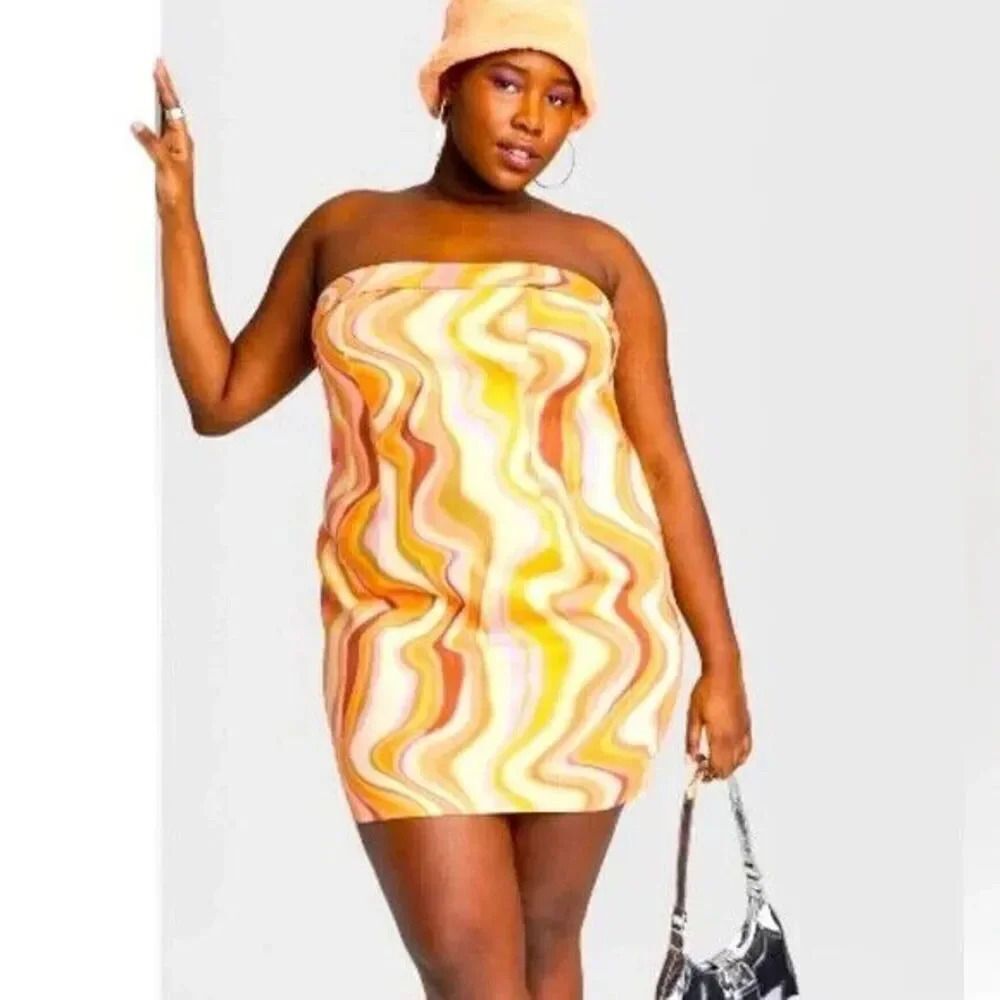 073) Wild Fable Womens Twill Tube Bodycon Strapless Dress Neutral Wave XL Hippie